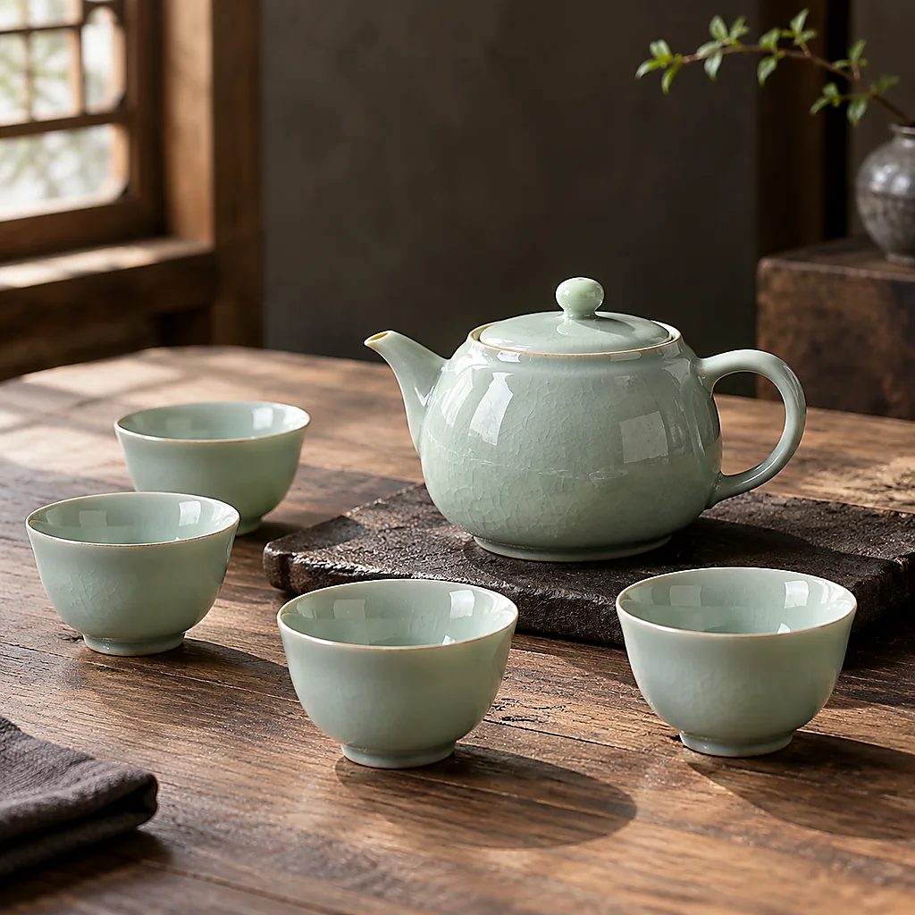 Pale celadon teapot and cups arranged on a wooden worktable