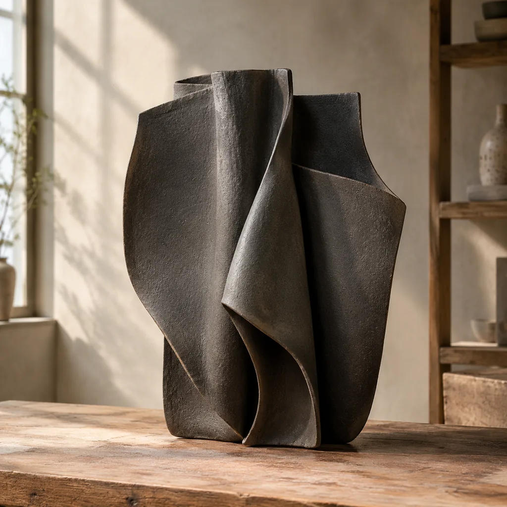 A sculptural dark clay form displayed in a softly lit studio