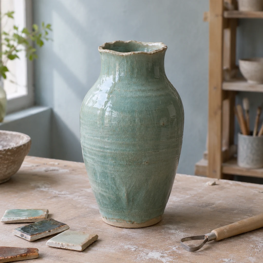 A handmade celadon vase beside glaze test tiles and a trimming tool on a pottery workbench